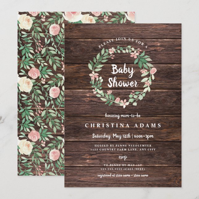 Invitation floral en bois rustique de baby shower (Devant / Derrière)