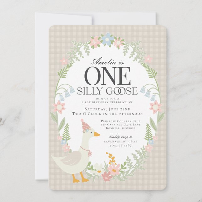 Invitation Floral En vichy oie soie beige Premier anniversair (Devant)