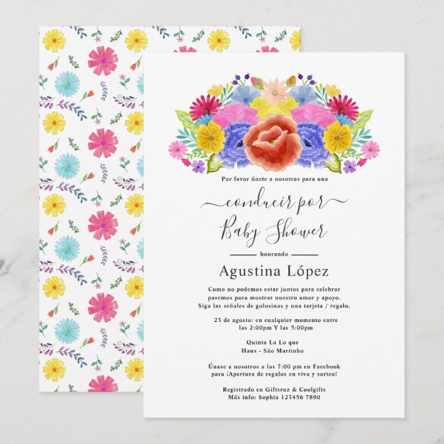 Invitation Floral Espagnol Fiesta Floral Drive Par Douche (Devant / Derrière)