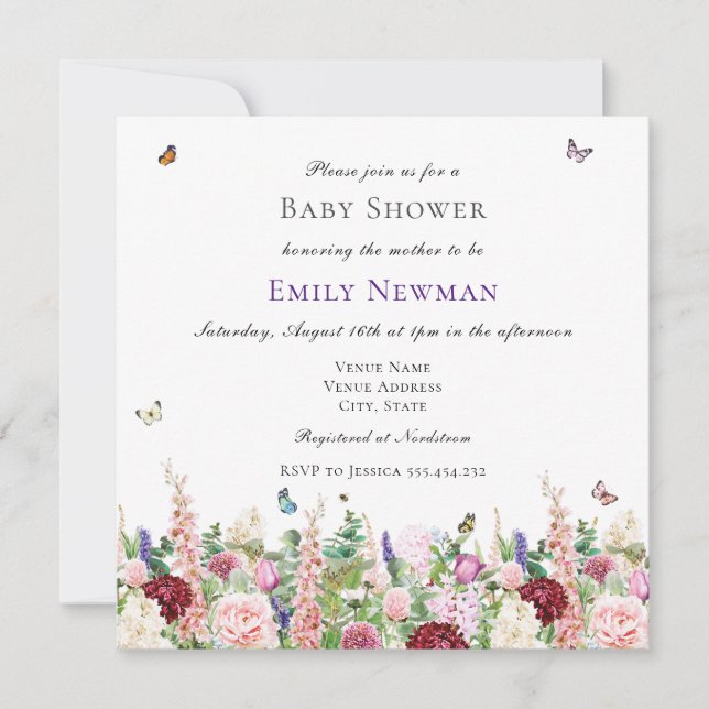 Invitation Floral et papillons rose pourpre | BABY SHOWER (Devant)