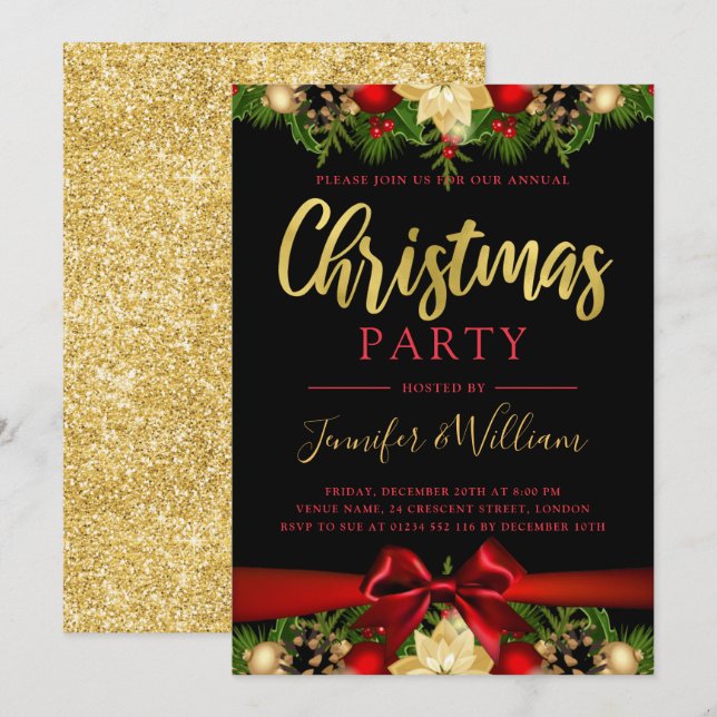 Invitation Floral et Ruban Gold Festif | Fête de Noël (Devant / Derrière)