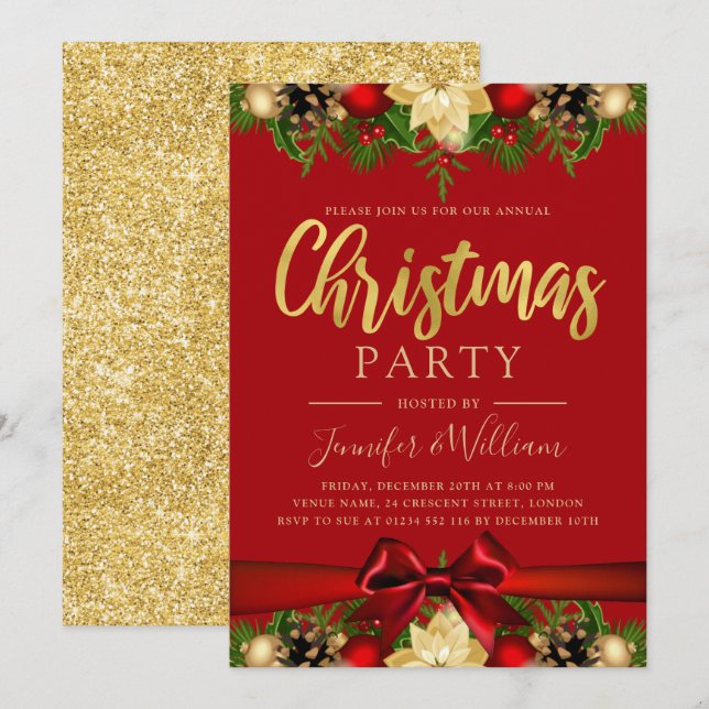 Invitation Floral et Ruban Gold Festif | Noël Rouge (Devant / Derrière)