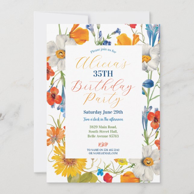 Invitation Floral Été Couleur Fleurs Bleu Anniversaire Femme (Devant)