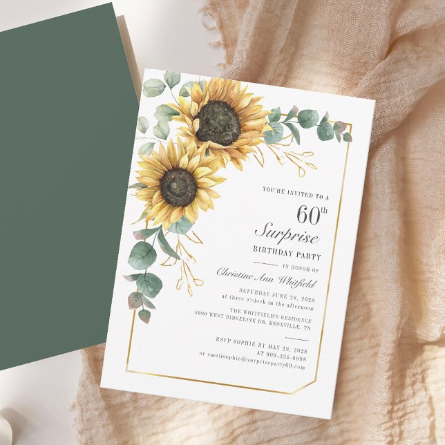 Invitation Floral Eucalyptus tournesol 60e fête d'anniversair (Floral Sunflower Eucalyptus Script 60th Birthday Party Invitation)