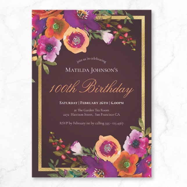Invitation Floral Fall Bourgogne 100e fête d'anniversaire (Floral Fall Burgundy 100th Birthday Party Invitation)
