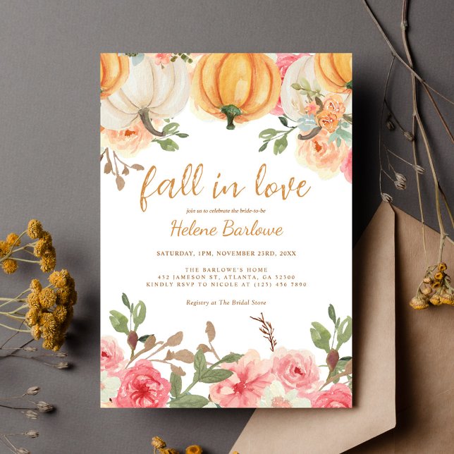 Invitation Floral Fall In Love Citrouille Fête des mariées (Floral Fall In Love Pumpkin Bridal Shower Invitation)