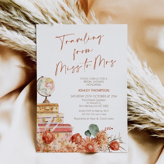 Invitation Floral Fall Voyage de Mlle Mme Fête des mariées (Boho Floral Fall Traveling from Miss to Mrs Bridal Shower Invitation, Burn Orange, Rust Boho Floral)