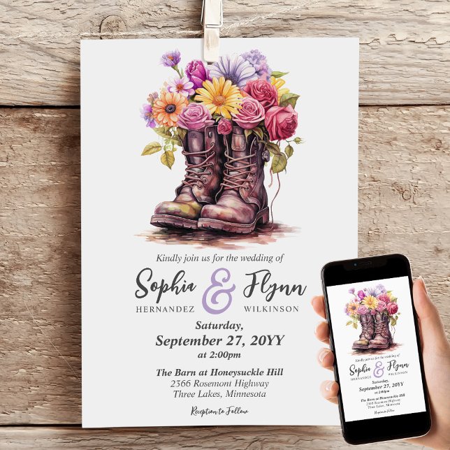 Invitation Floral Farm Boots Rustic Country Barne Mariage (Créateur téléchargé)