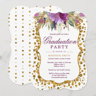 Invitation Floral Faux Gold Parties scintillant Confetti Grad