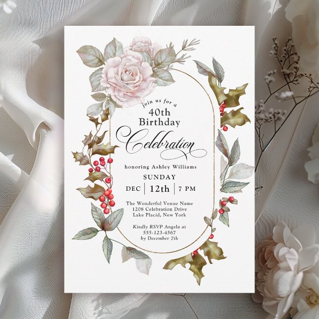 Invitation Floral féminin Décembre 40 Anniversaire Célébratio (Available in both printed and paperless instant download formats.)