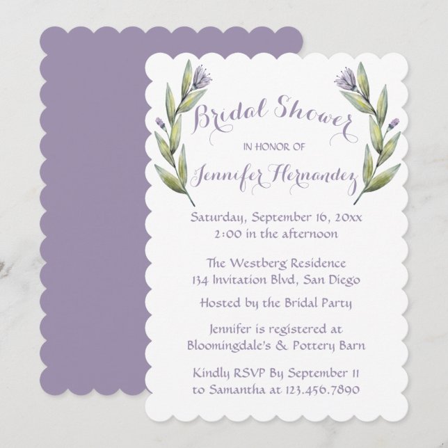 Invitation Floral Fête des mariées violet Feuilles d'aquarell (Devant / Derrière)