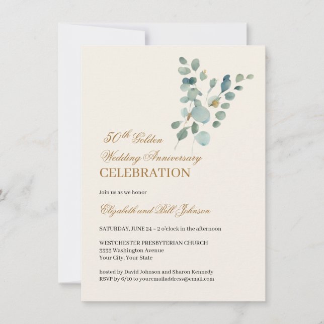 Invitation Floral Feuille Gold 50e anniversaire Mariage (Devant)