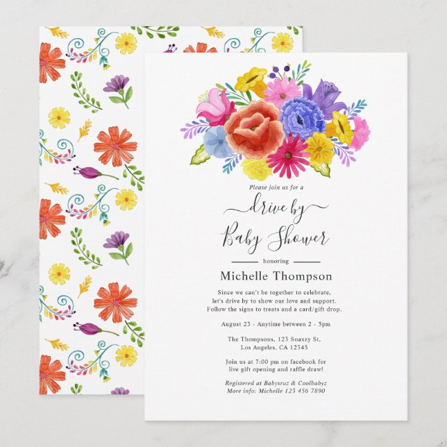 Invitation Floral Fiesta Drive By Briding ou Baby shower (Devant / Derrière)