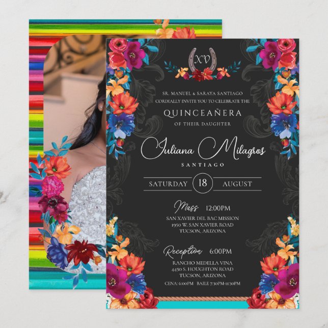 Invitation Floral Fiesta Mexicaine Ajoutez Votre Photo Quince (Devant / Derrière)
