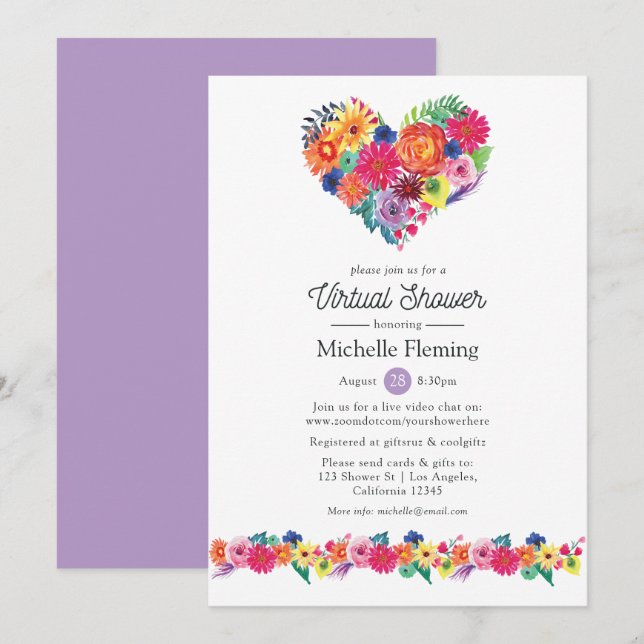 Invitation Floral Fiesta Virtual Baby ou Fête des mariées (Devant / Derrière)