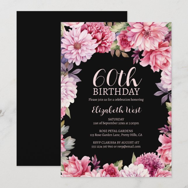 Invitation Floral Fleur Fleurie Blush Black 60e anniversaire (Devant / Derrière)