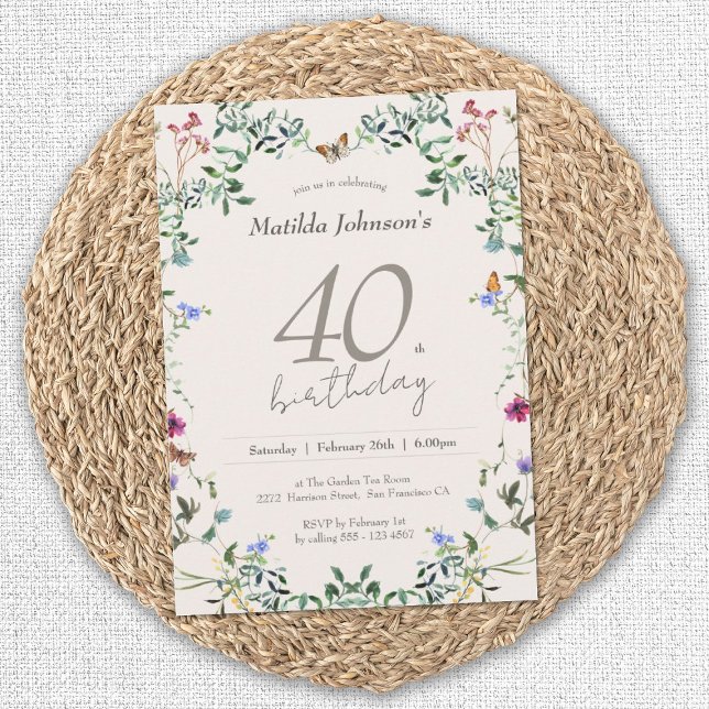 Invitation Floral fleur sauvage moderne 40e fête d'anniversai (Elegant 40th Birthday Wildflowers Floral Invitation)