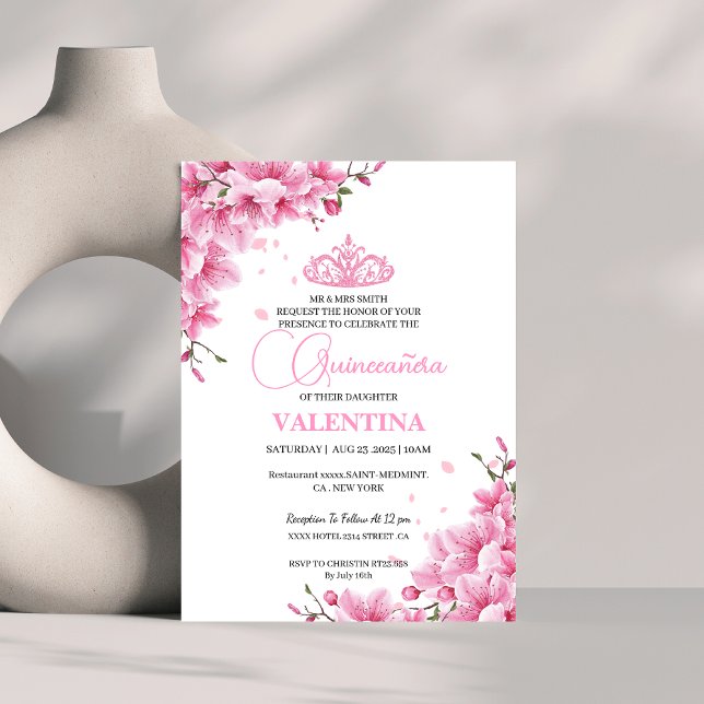 Invitation Floral Fleurs de cerise Ressort Rose Quinceañera (Créateur téléchargé)