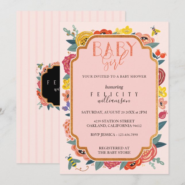 Invitation Floral Fleurs sauvages & Miel Bee Baby Girl Douche (Devant / Derrière)