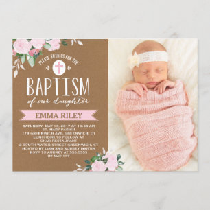 Invitation Floral Flores Kraft   Bébé Fille Baptême Invitatio