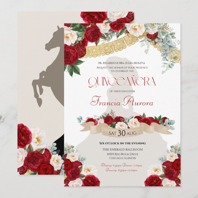 Invitation Floral Flores Rouge & Blanc Or Charro Quinceañera (Devant / Derrière)