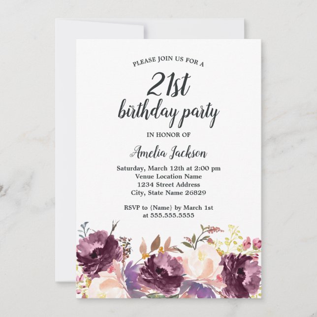 Invitation Floral Florom Purple Aquarelle 21ème anniversaire (Devant)