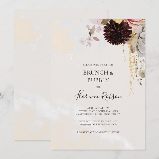 Invitation Floral flush moderne | Brunch en marbre et bulle (Devant / Derrière)