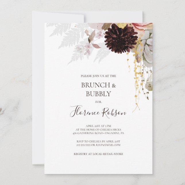 Invitation Floral flush moderne | Brunch et douche à bulles (Devant)
