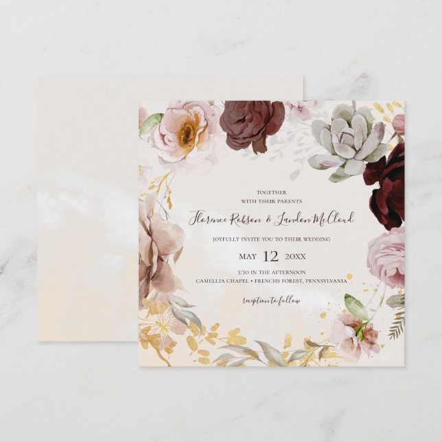 Invitation Floral flush moderne | Carré de marbre Mariage (Devant / Derrière)