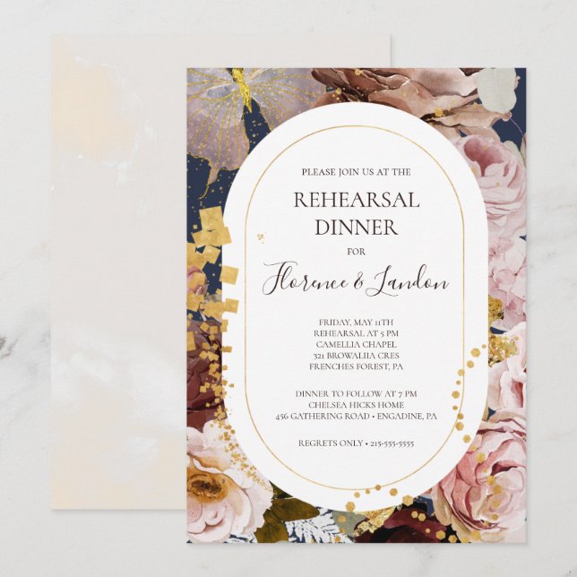 Invitation Floral flush moderne | Dîner de répétition de la M (Devant / Derrière)