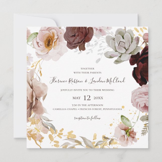 Invitation Floral flush moderne | Mariage de couronne Carré (Devant)