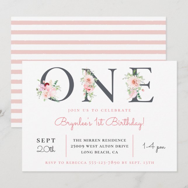 Invitation Floral flush ONE | 1er anniversaire (Devant / Derrière)