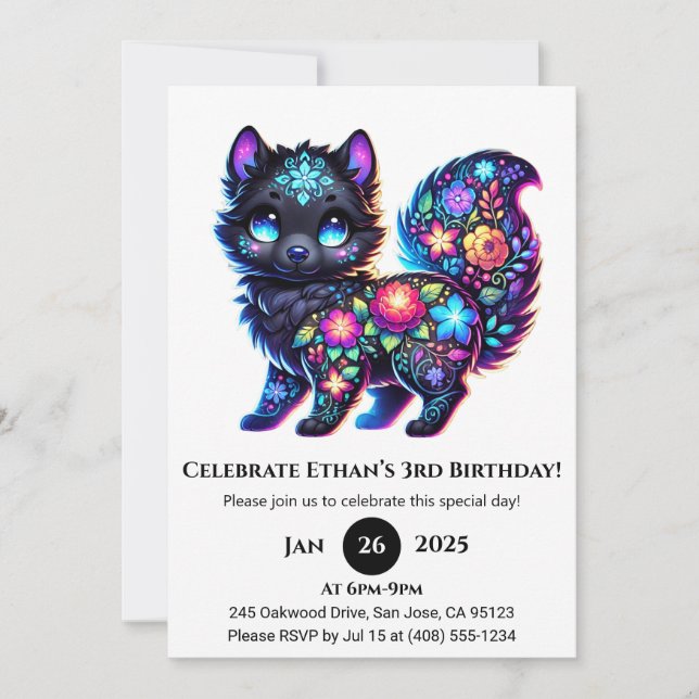 Invitation Floral Folk Imaginaire Wolf Anniversaire (Devant)
