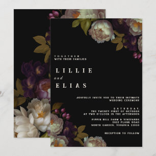 Invitation Floral foncé moderne Moody Mariage noir et blanc