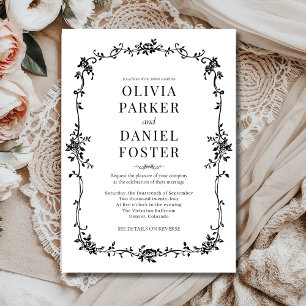 Invitation Floral Français Victorien noir blanc Mariage