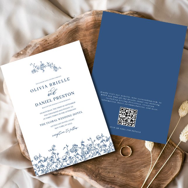 Invitation Floral Français Vintage QR Code Marine Mariage ble (Créateur téléchargé)