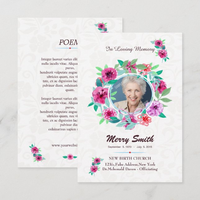 Invitation Floral Funeral Prayer Card Template (Devant / Derrière)