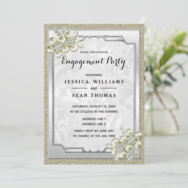 Invitation Floral Gem encadré argent, fiançailles or et argen (Debout devant)