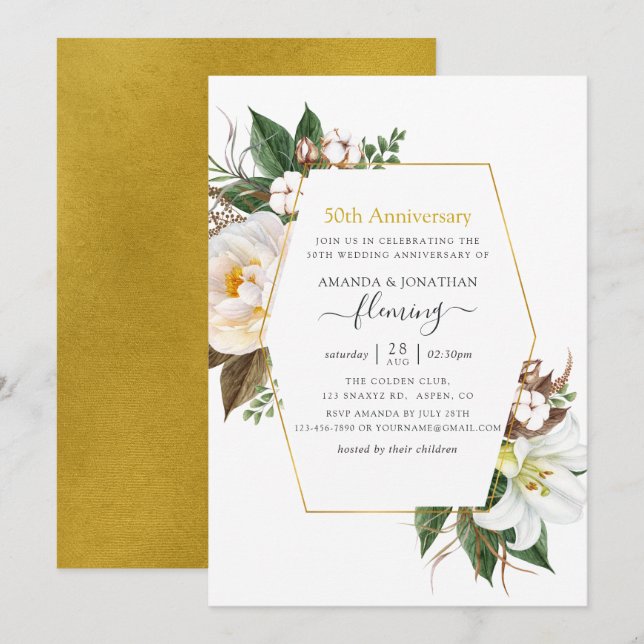 Invitation Floral géométrique or 50e anniversaire Mariage (Devant / Derrière)