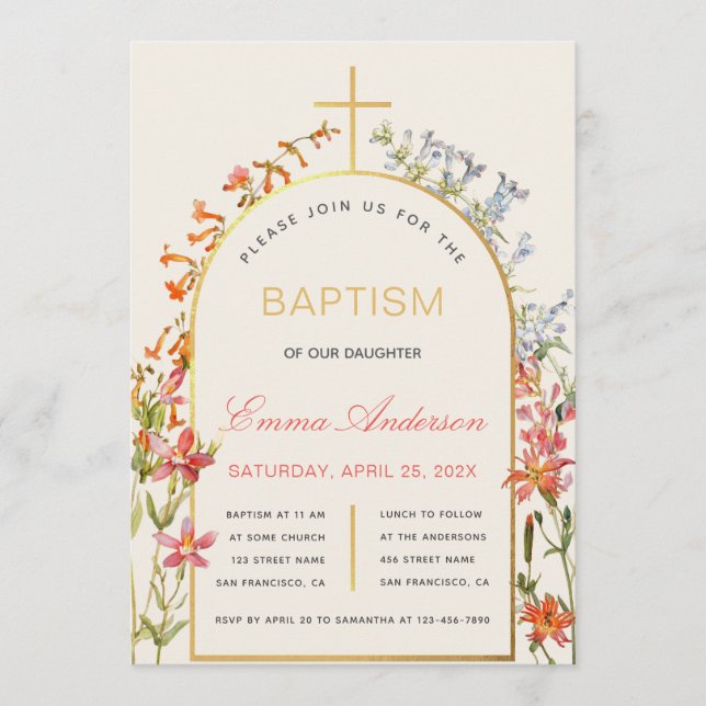 Invitation Floral Girl Baptism Gold Cross Arch & Wildflowers (Devant)