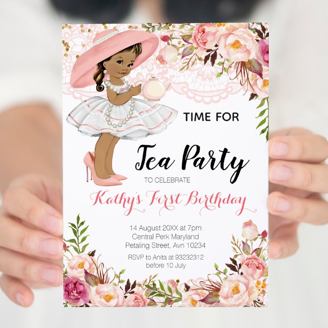 Invitation Floral Girl Tea Party Anniversaire Africain Améric (Créateur téléchargé)