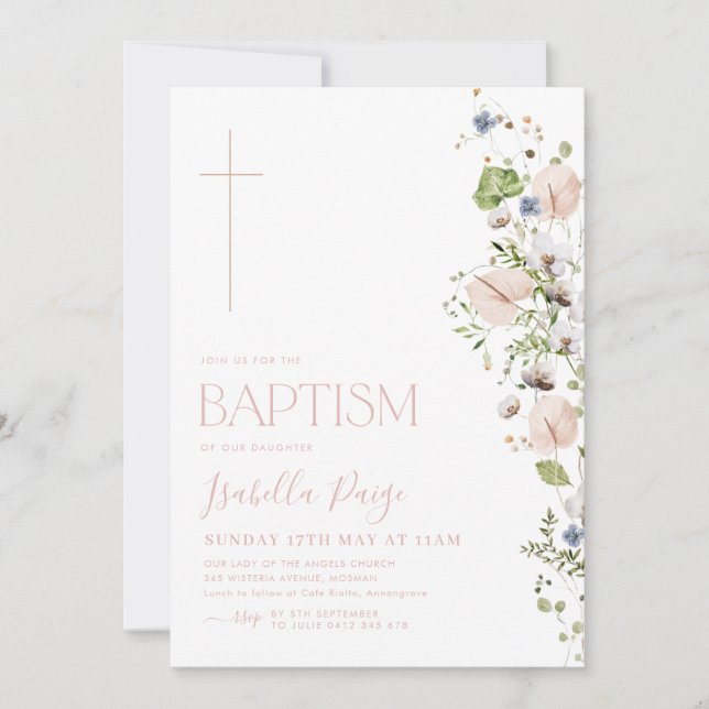 Invitation Floral Girls Baptism Christening (Devant)
