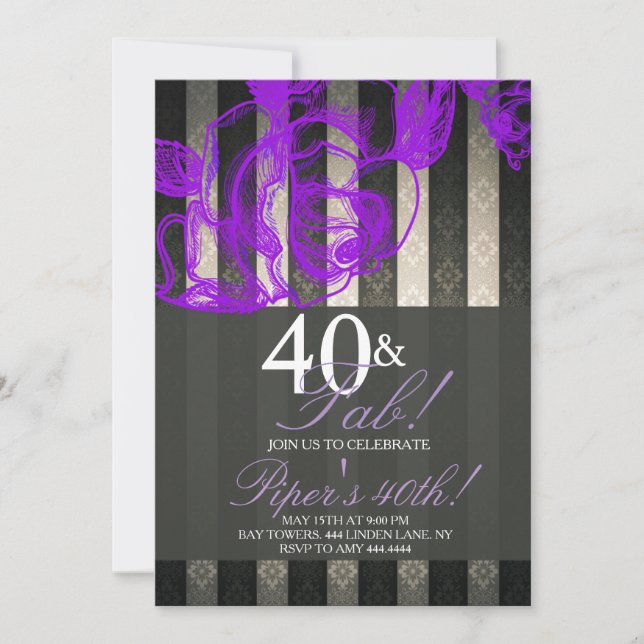 Invitation Floral Glam Black Lavender 40e fête d'anniversaire (Devant)