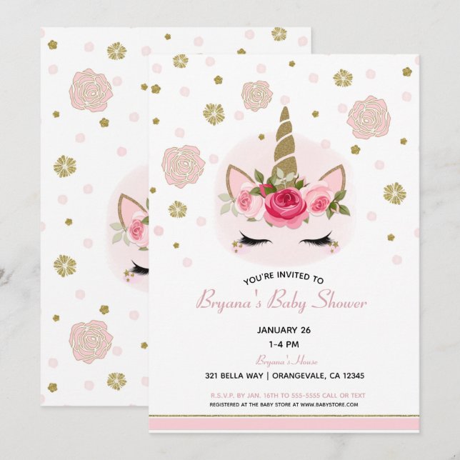 Invitation Floral Glam Gold Parties scintillant Baby shower U (Devant / Derrière)