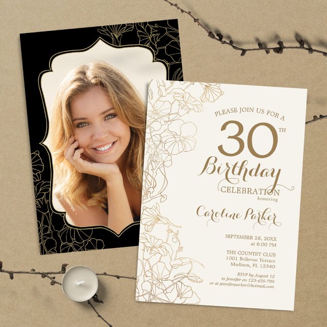 Invitation Floral Gold Black Photo 30th Birthday Party (Créateur téléchargé)