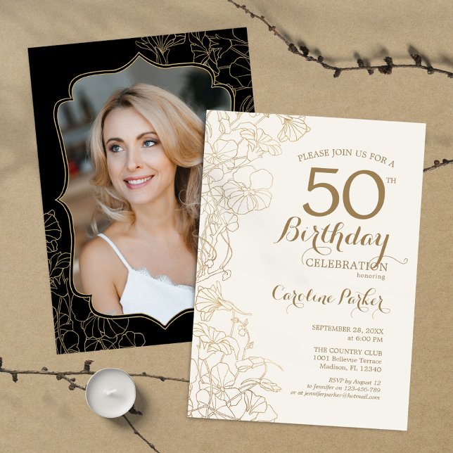 Invitation Floral Gold Black Photo 50th Birthday Party (Créateur téléchargé)