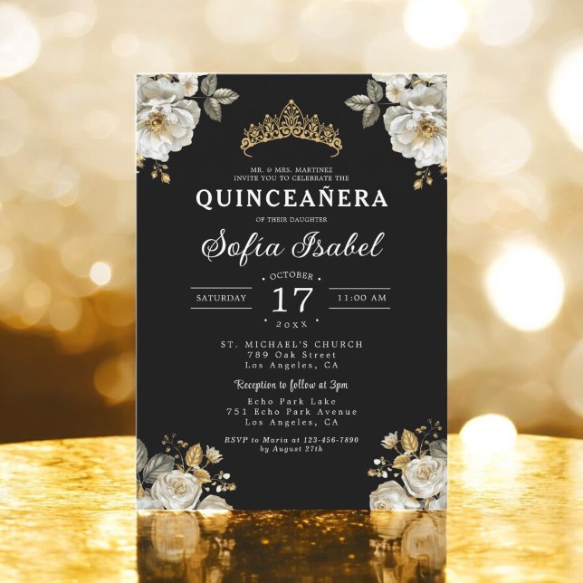 Invitation Floral Gold Black Princess Quinceanera (Créateur téléchargé)