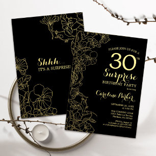 Invitation Floral Gold Black Surprise 30e fête d'anniversaire