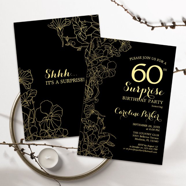 Invitation Floral Gold Black Surprise 60e fête d'anniversaire (Créateur téléchargé)