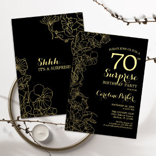 Invitation Floral Gold Black Surprise 70e fête d'anniversaire